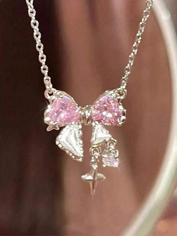 Cute Bowknot Necklace With Cubic Zirconia Pendant, Suitable For Students, Sweet Girls, Fashionable Choker Necklace, Great For Valentine's Day Gift, Birthday, Festival, Dating,Mom,Mother,Mother's Day,Gift