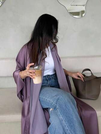 1pc Fashionable Minimalist Satin Solid Color Women Robe, Elegant Abaya, Suitable For Everyday Wear And Holidays, Modest Kaftan