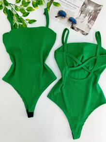 Women's Bodysuit With Braided Straps, Seersucker, Fashion Blogger - 綠旗 - 查看 1