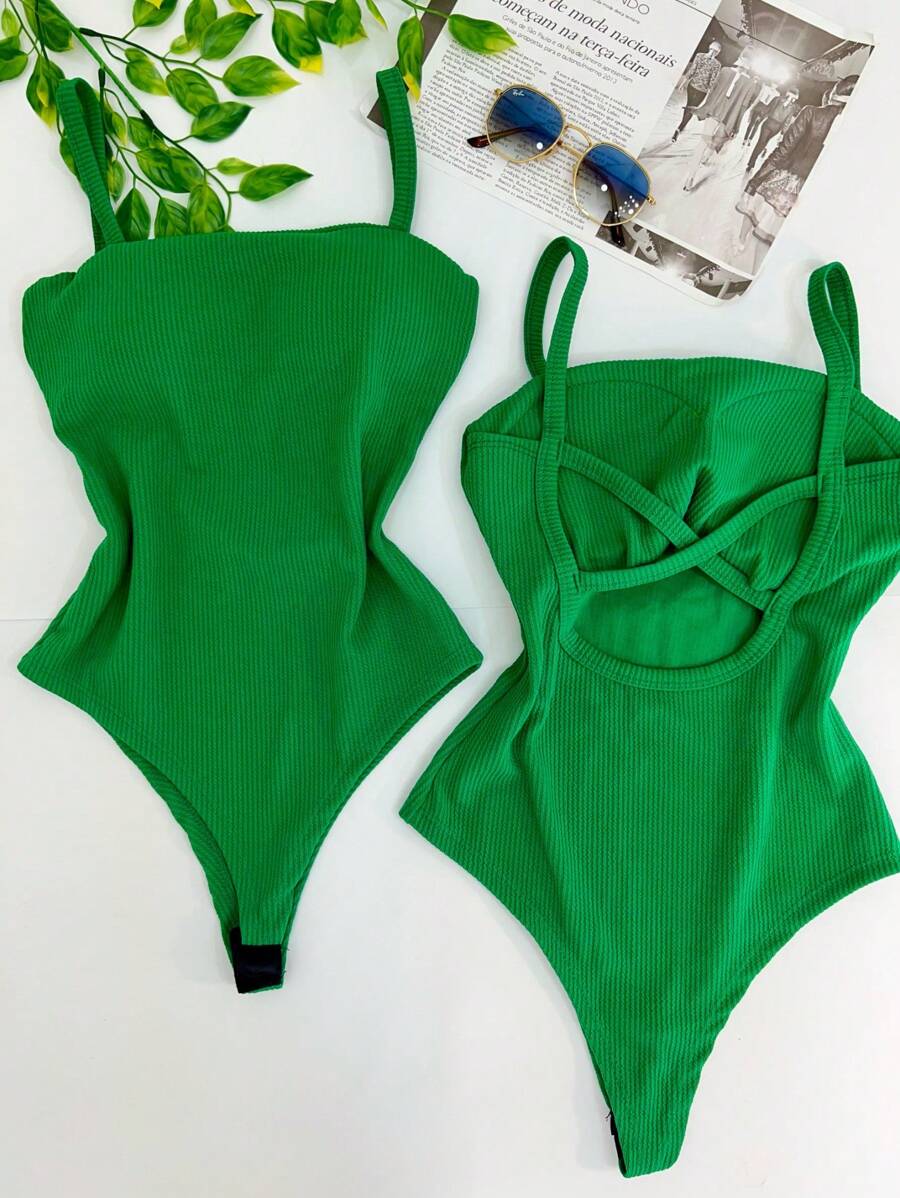 Women's Bodysuit With Braided Straps, Seersucker, Fashion Blogger - 綠旗 - 查看 1