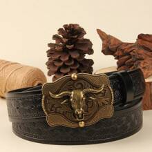 3.7cm Wide Cowboy Style Western Open-Mouth Bull Head Shape PU Leather Belt Buckle, Smooth Buckle With Stamping & Round Hole Design For Men & Women