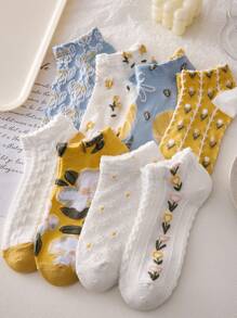 4 Pairs Vintage Floral Embossed Short Socks For Women, Yellow And Blue - Multicolor - View 9