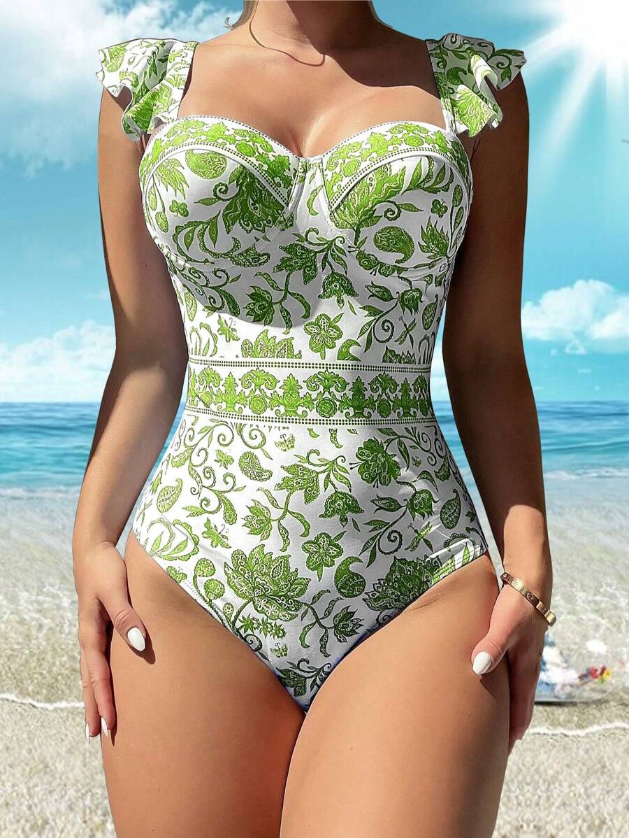 Blue And White Porcelain Print Stylish Comfy Fashion Design One-Piece Swimsuit, Classic And Elegant Swimsuit, Women's Swimwear & Apparel - màu xanh lá - Xem 1
