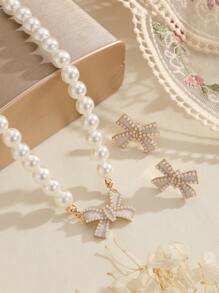 Conjunto de 1 peça/3 peças de colar e brincos de laço de pérola falsa requintados, especialmente projetados para mulheres, um presente ideal para namorada no dia dos namorados, mãe, mãe, dia das mães, presente