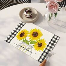 1/4/6pcs Sunflower Vase Summer Placemats, Sunflower & Vase Series Checkered Pattern Printed Polyester Linen Placemats, Table Mats, Hot Pads, Kitchen Decor, Western Dining Table Mats