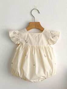 Summer Baby Girls Embroidered Floral Romper With Flutter Sleeves - Apricot - View 3