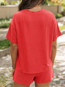 ASVIVID 女士罗纹圆领短袖针织宽松T恤和短裤休闲套装 - 橘色 - 查看 2