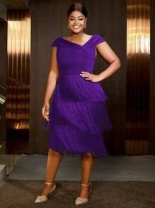 约会之夜紫色修身斜领分层流苏无袖流苏连衣裙，适合生日节日派对加大码流苏服装，适合鸡尾酒会 - 紫色 - 查看 6