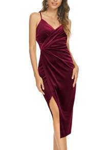 Missufe 女士裹身式勃艮第红色 V 领开衩天鹅绒修身鸡尾酒会礼服闪亮优雅中长可调节吊带裙派对礼服婚礼宾客礼服 - 酒紅色 - 查看 5