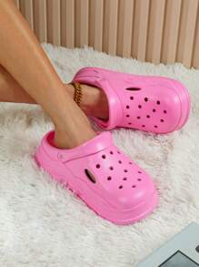 Women's Slip-On Bright Pink Mesh Breathable Casual Clogs, Comfortable For Home, Holidays And Outings, Suitable For All Seasons - Pink - View 1