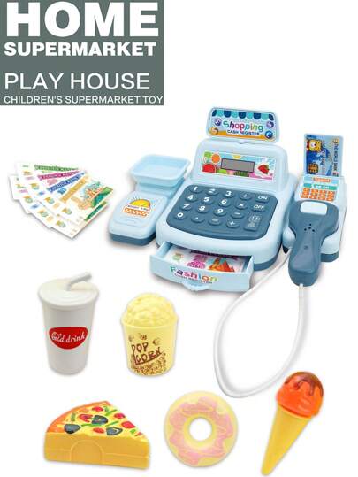 互动超市收银玩具，迷你模拟收银机游戏套装，含游戏币及配件，角色扮演游戏套装，扫描仪，声光效果。益智角色扮演游戏，节日礼物，生日礼物，儿童超市，超市收银机，迷你超市，蛋糕甜点