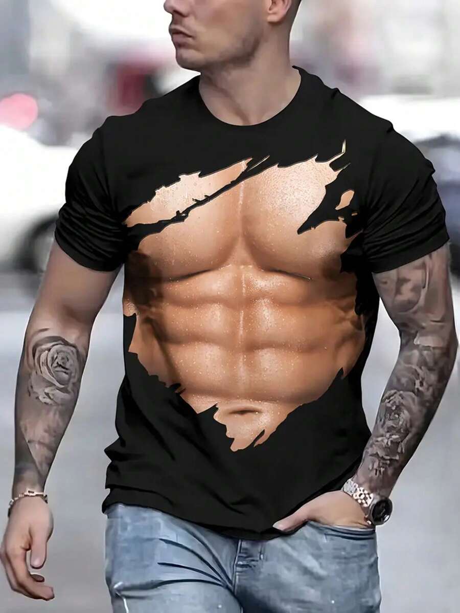 Men's Casual Round Neck T-Shirt, Made Of Polyester Knit Fabric With Slight Stretch, Regular Fit, With 3D Abdominal Print, Suitable For Summer Wear - Multicolor - View 1