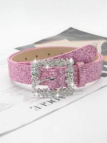 1pc Women's Crystal Embellished Buckle Shiny Sequin PU Leather Belt, Elegant And Casual For Dress And Outfit Pairing Valentines Summer, School