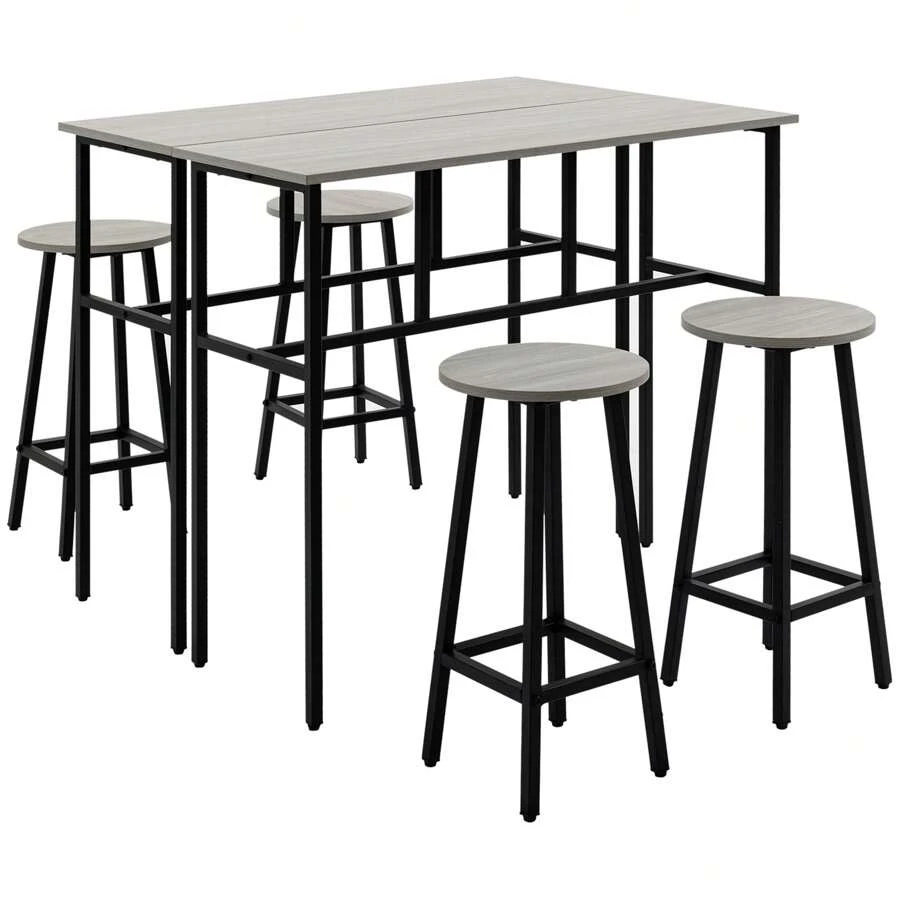 HOMCOM 6-Piece Bar Table Set, 2 Breakfast Tables With 4 Stools, Counter Height Dining Tables & Chairs For Kitchen, Living Room, Grey - Grey - View 1