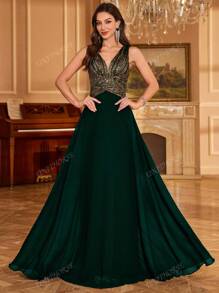 UNITHORSE UNITHORSE [Random Cutout] Women's V-Neck Gradient Sequin Chiffon Waist Gathered Solid Color Elegant Party Dress, Wedding Dress, Formal Dress, Evening Dress, Birthday Women Outfits, Graduation Dress,Gown,Wedding Guest