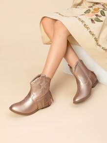 Girls Cowgirl Cowboy Ankle Western Boots Side Zipper Riding Shoes With Tassel Little Kid/Big Kid - Rose Gold - View 2