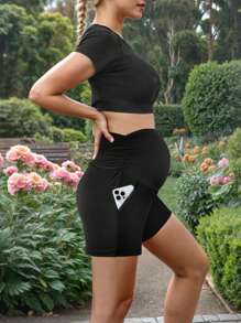 PARNIXS 3 件套舒适高弹孕妇短裤带口袋高腰遮肚孕妇休闲运动瑜伽裤 - 彩色 - 查看 6