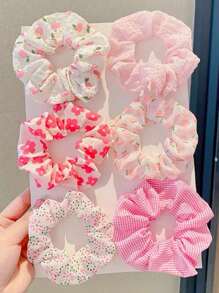 6个装花卉格子发圈，适合青少年，甜美清新风格，可扎马尾辫和丸子头，无卡片包装 - 彩色 - 查看 1
