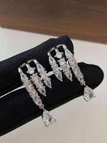 2 件优雅闪亮锆石缀饰泪珠流苏吊坠耳环，女士派对、约会配饰礼物，夏季