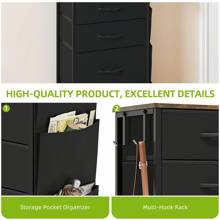 Chest Of Drawers, Dresser With Side Pockets & Hooks, Fabric 5 Drawers With Handles, Metal Frame, Wood Top, For Bedroom,Living Room,Nursery Room,Hallway - Black - View 4