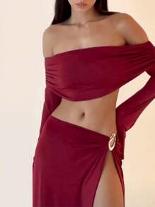 秋冬半身裙两件套长袖露肩短款上衣侧开衩半身裙套装 - 紅色 - 查看 1