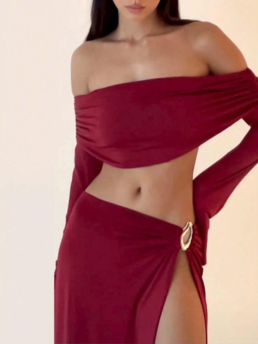 秋冬半身裙两件套长袖露肩短款上衣侧开衩半身裙套装 - 紅色 - 查看 1