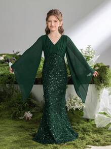 少女V領雪紡閃爍派對裙 - 墨綠色 - 查看 5