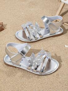 Summer Girls Elegant Sandals, Butterfly Decor, Round Toe Flat Open Toe, Silver Princess Roman Shoes, Stylish For Resort Beach Walking