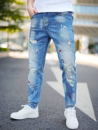 Jeans droits confortables imprimés pour hommes, simples et , convenant pour l'été