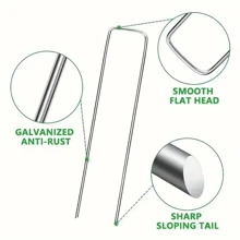 1 set de estacas de tienda de campaña en forma de U reutilizables de acero inoxidable. Con acabado pulido y resistencia a la corrosión. Conveniente de usar, ideal para carpas de camping, reforzar el césped y cumplir con varios requisitos del sitio. También aplicable para el deshierbe y el paisajismo en jardines.