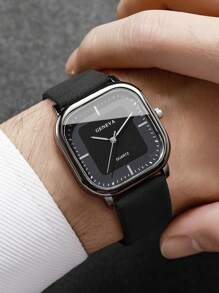 1 件套男士时尚休闲皮带和简约方形表盘经典石英腕表（不含手表）