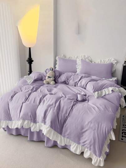 3 件紫色荷叶边床上用品套装（1 个羽绒被套 + 2 个枕套），柔软舒适，适合卧室、客房