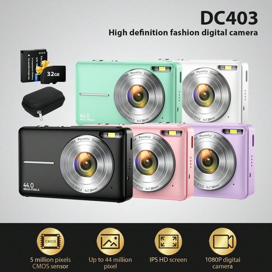 Cámara digital mini de alta definición de 4400MP, grabación Full HD 1080P, tarjeta de memoria de 32GB, batería recargable, cordón, anti-vibración, zoom 16X, grabación de video, webcam, multilingüe, diseño de bolsillo portátil, ¡regalo ideal para adolescentes y fotógrafos!