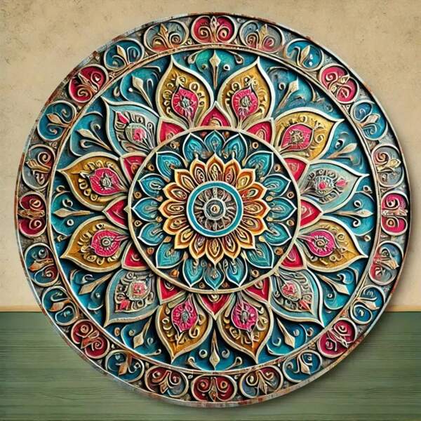1pc Vintage Mandala Metal Wall Decor - Colorful, Exquisite Design, Weather-Resistant Decoration, Suitable For Indoor/Outdoor, Bathroom, Office, Dining Room, Garden, Cafe, Bar, Wall Decoration, Holes Randomly Placed On Top, Bottom, Left, Right