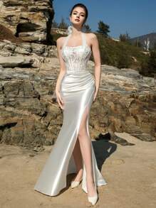 HEARBOBO 露背系带巴洛克新娘礼服，优雅美人鱼婚纱 - 白色 - 查看 5