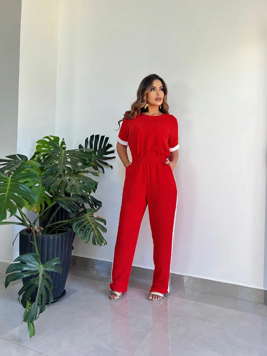 Women's Set: Palazzo Pants And Short-Sleeved Top Summer - 橘子 - 查看 1