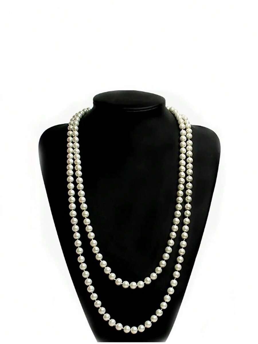 1pc Fashionable Simple Korean Style Faux Pearl Necklace, Multi-Layer Sweater Chain Choker, Elegant Women Faux Pearl Beaded Knotted Necklace Suitable For Vacation, Casual Occasions, Parties