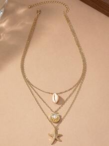 1pc Fashion Vacation Starfish & Shell Inlaid Multi-Layer Necklace, Suitable For Women Beach Holiday Wear - Yellow Gold - View 2