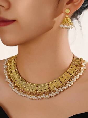 3件套优雅宫廷风仿珍珠吊坠项链首饰套装，适合女士婚礼、派对、日常佩戴或作为礼物