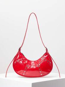 Y2K Punk Metal Rivet Shoulder Bag, Faux Leather Tote Bag For Ladies, Adjustable Strap Wallet, Suitable For Daily Commute, Work, Dating (Random Pattern) - Red - View 1