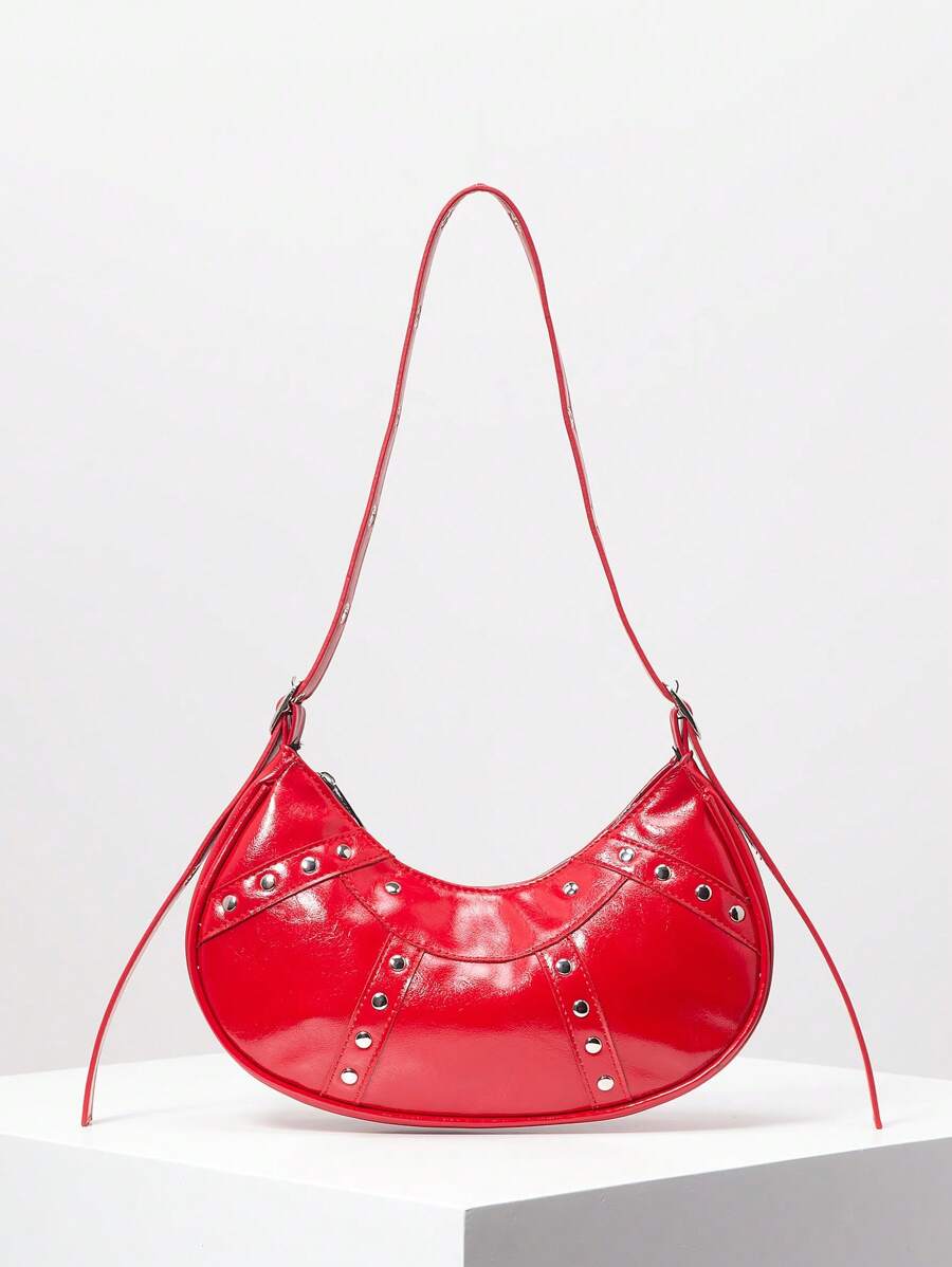 Y2K Punk Metal Rivet Shoulder Bag, Faux Leather Tote Bag For Ladies, Adjustable Strap Wallet, Suitable For Daily Commute, Work, Dating (Random Pattern) - Red - View 1