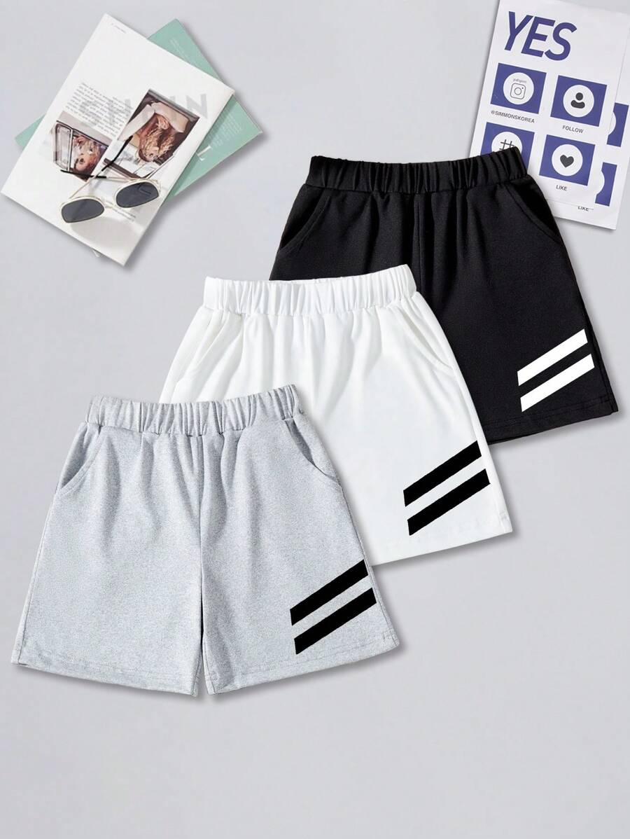 3 Pcs/Set Young Boy Summer Striped Graphic Print Shorts With Pockets, Casual Outdoor Sports - Multicolor - View 1