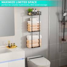 HapiRm Towel Rack Bathroom Storage - 3 Tier Over The Door Towel Rack With Metal Shelf Basket And 6 Hooks Wall Mount Towel Holder Rolled Towel Organizer For Small Bathroom Black