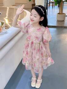 Girls Toddler Cute Floral Mesh Short Sleeve Princess Dress, Children Summer Outfit