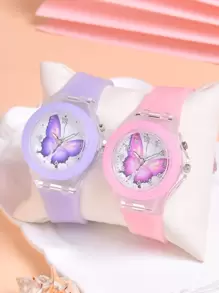 2pcs/Set Dual-Display LED Light Watch For Girls, Cartoon Unicorn Butterfly Animal Pattern Quartz Wristwatch - Multicolor - View 5