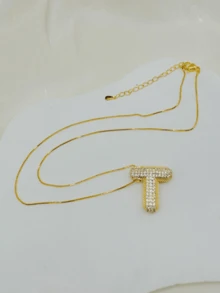 Colar de Charme com Pingente de Zircônia Decoração Letra T Colar Banhado A Ouro, Joias, Presentes