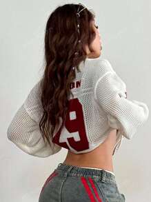 Plus Size Women's Numeric Hollow-Out Drop Shoulder Long Sleeve Sweater