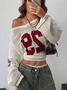 Plus Size Women's Numeric Hollow-Out Drop Shoulder Long Sleeve Sweater