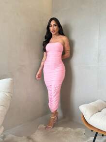 Baby Pink Strapless Midi Dress With Suplex Cup, Ruched Sides, Wrinkled, Strapless, Elegant, Sensual, Tight Fit - Baby Pink - View 2