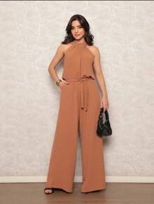 Women's Jumpsuit With Belt And Pocket - 卡其色 - 查看 1